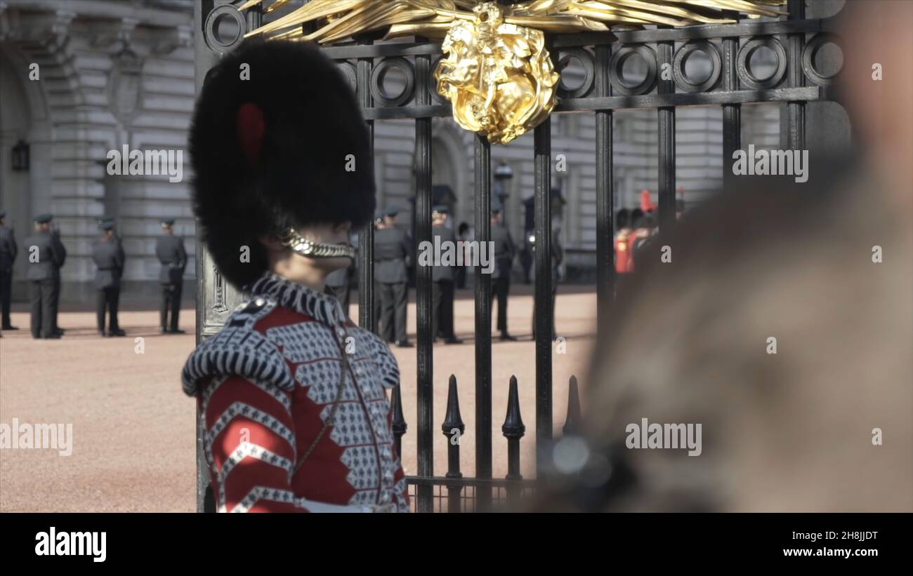 Vue rapprochée du soldat de la garde royale en uniforme traditionnel, près de la porte de Buckingham Palace, Londres, Grande-Bretagne.Détail de la reine Banque D'Images