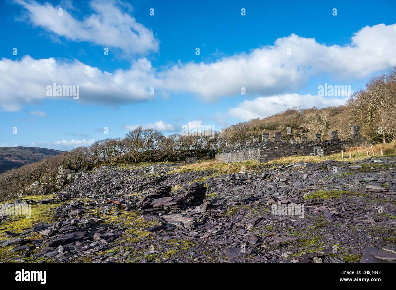 Il s'agit de quelques-unes des maisons de mineurs de la carrière d'ardoise Dinorwic abandonnée près du village gallois de Llanberis, dans le parc national de Snowdonia Banque D'Images