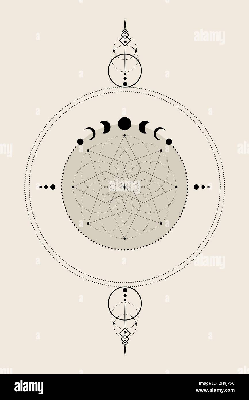 Mystique huit phases d'étoile et de lune pointues, géométrie sacrée.Dream Catcher, Fleur de vie.Symbole de déesse païenne Wicca, symbole de bannière wicca, énergie Illustration de Vecteur