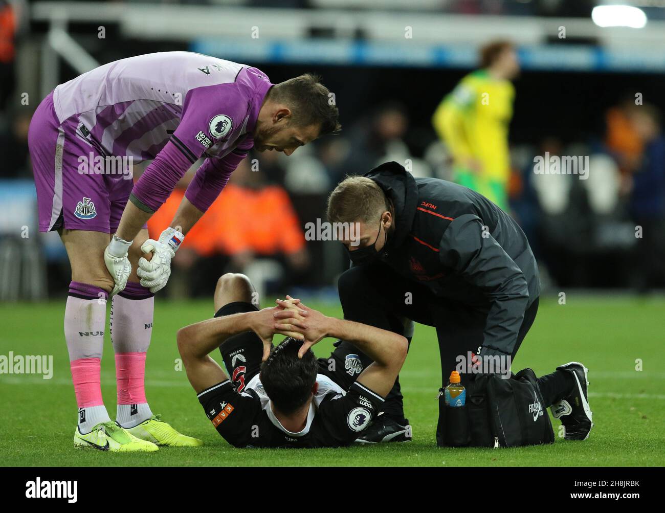 NEWCASTLE UPON TYNE, GBR.30 NOV Fabian Shar de Newcastle United reçoit des soins médicaux lors du match de la Premier League entre Newcastle United et Norwich City au St. James's Park, Newcastle, le mardi 30 novembre 2021.(Crédit : will Matthews | MI News) crédit : MI News & Sport /Alay Live News Banque D'Images