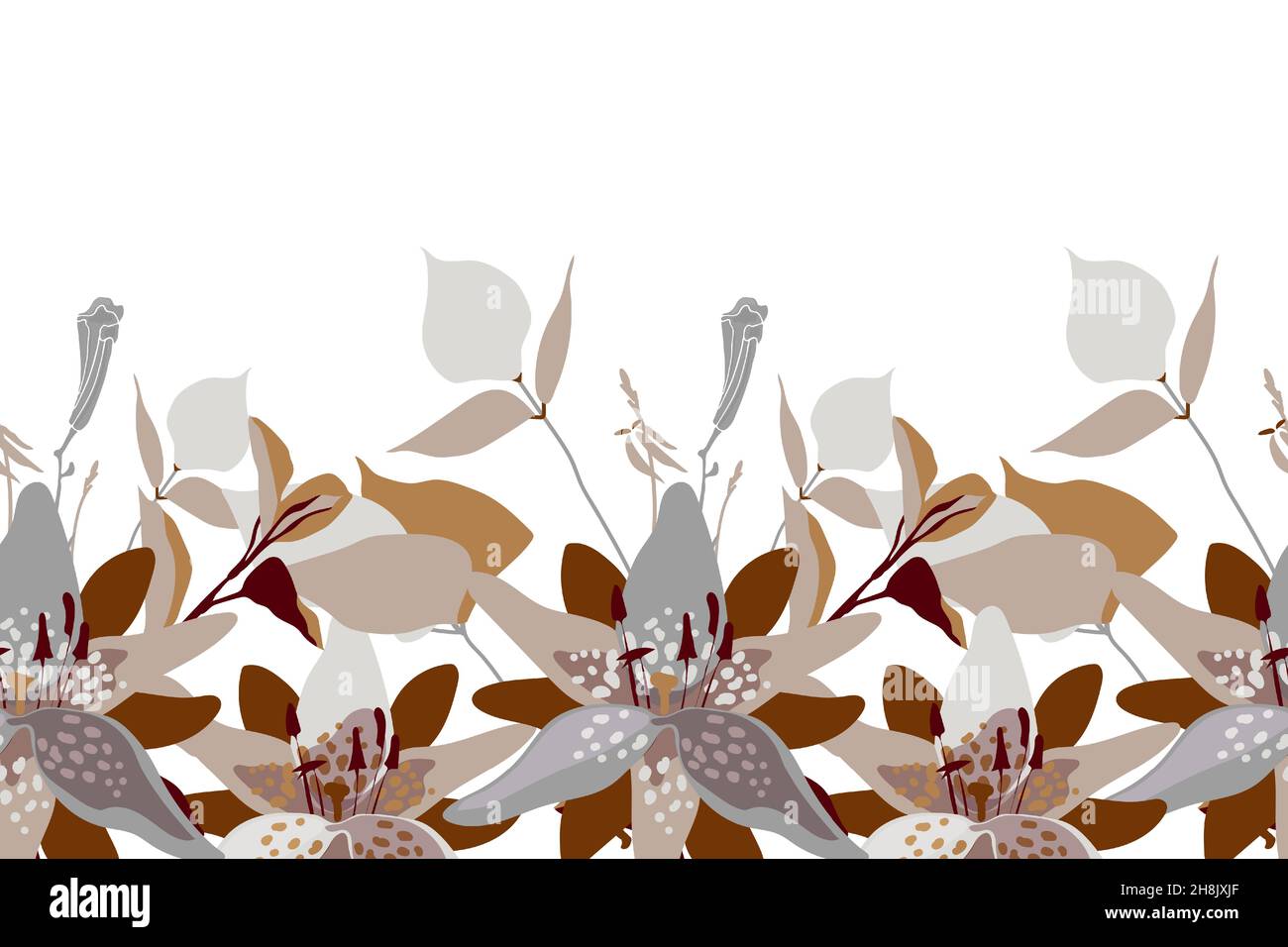 Motif fleuri vectoriel sans couture, bordure.Design horizontal panoramique avec fleurs, brindilles et feuilles gris-bruns. Illustration de Vecteur