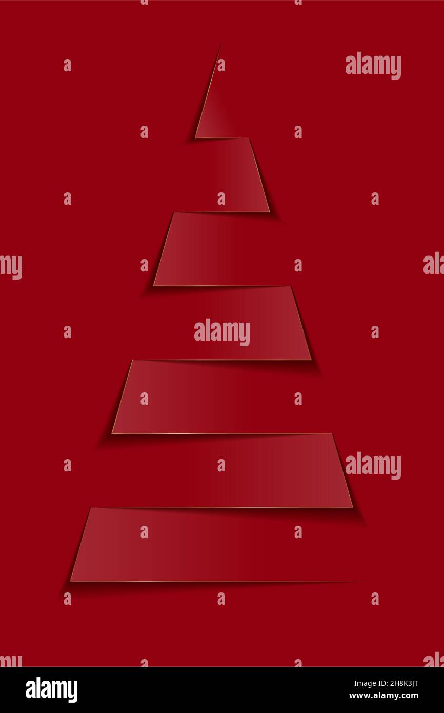Arbre de noël en papier.Carte vector New Year de style coupe papier et bordure dorée, fond rouge Illustration de Vecteur