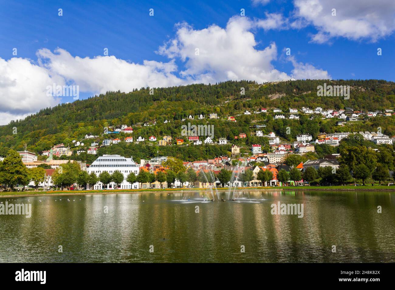 Lac dans le centre-ville de Bergen avec des maisons en bois typiques sur le fond Banque D'Images