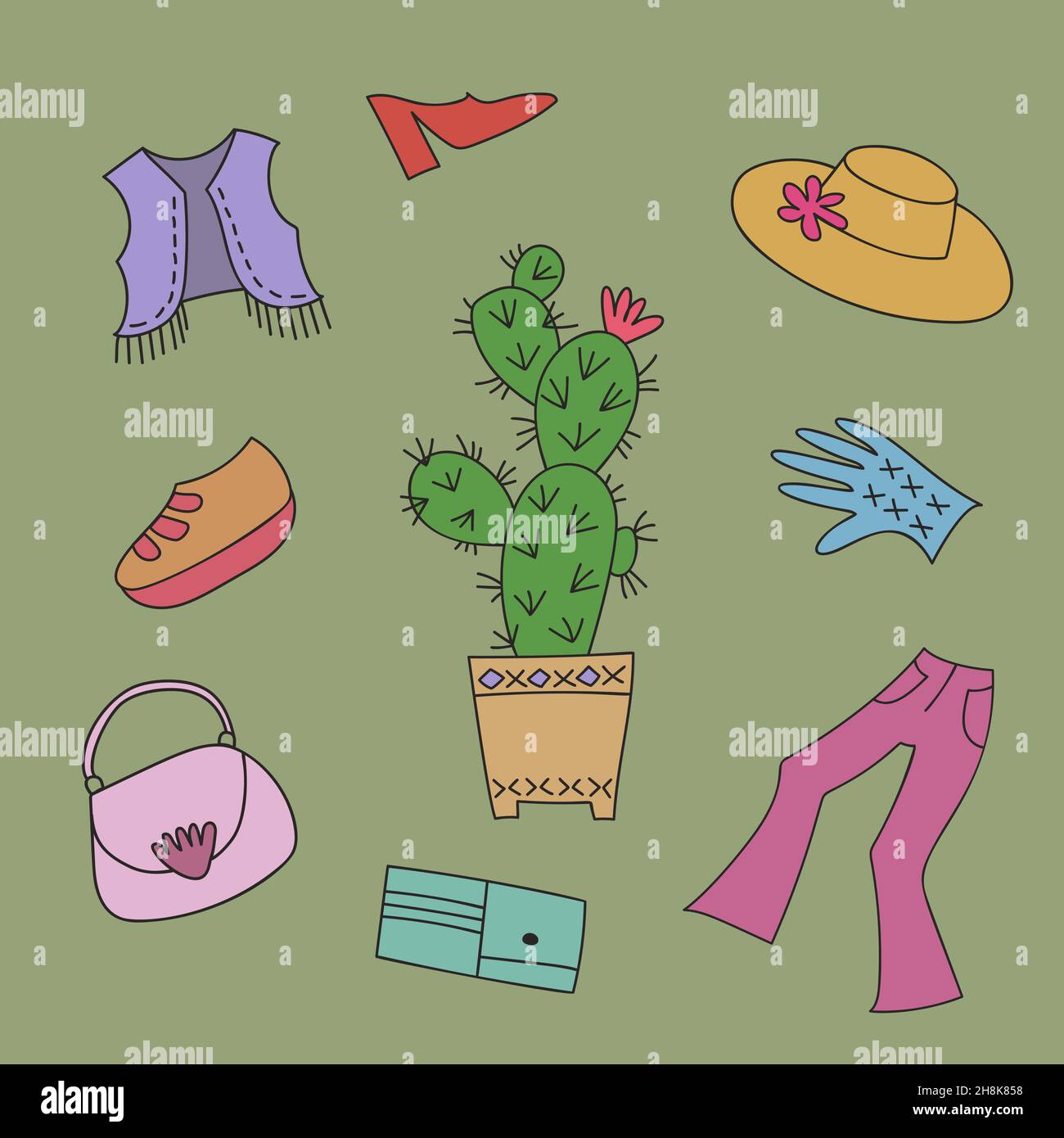 Cuir Cactus.Usine de Cactus et articles en cuir sur fond vert.Nouveau tissu écologique. Illustration de Vecteur