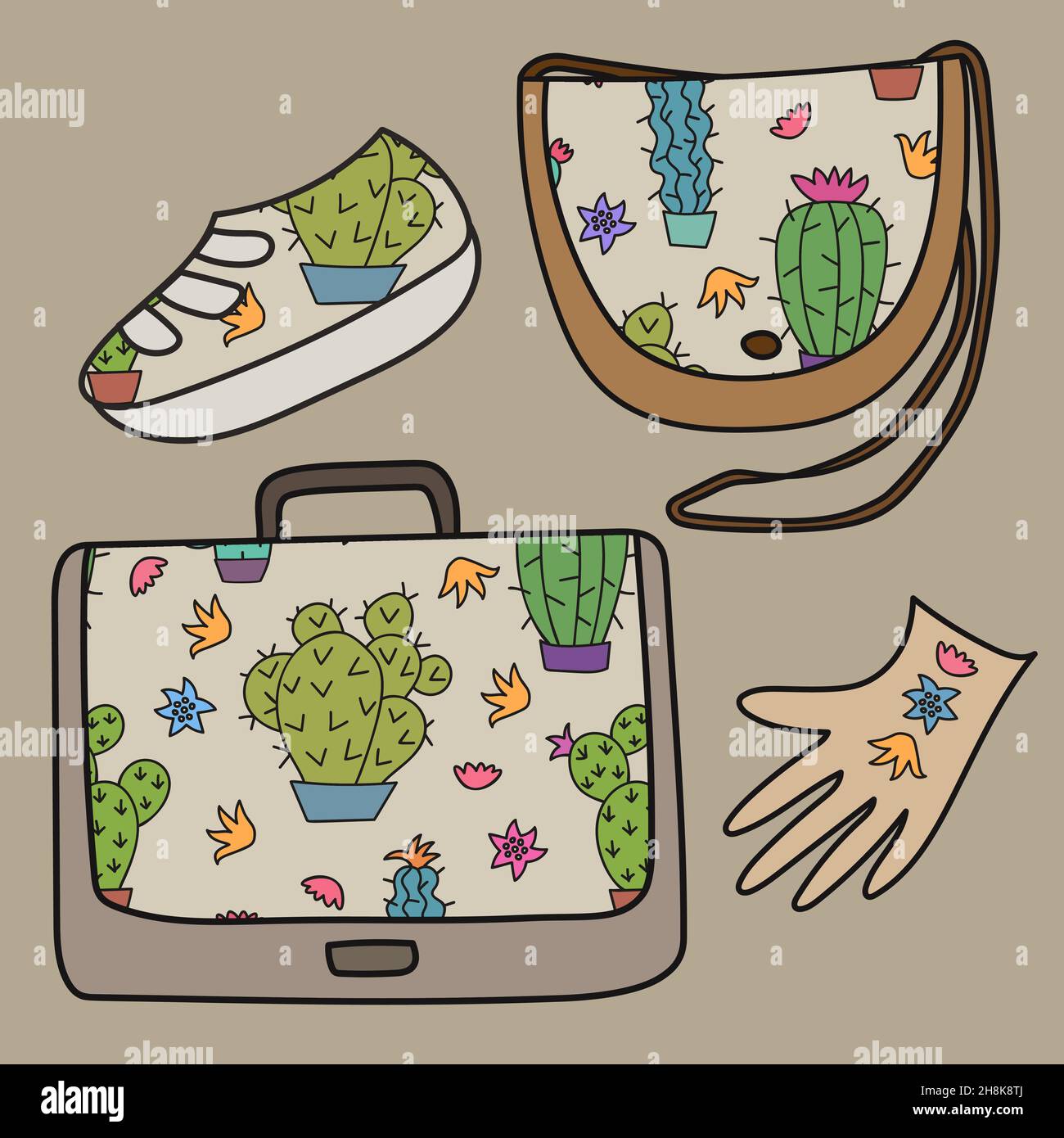 Cactus cuir concept.Sacs à main, chaussures et gants dessinés à la main en cactus.Produit écologique. Illustration de Vecteur