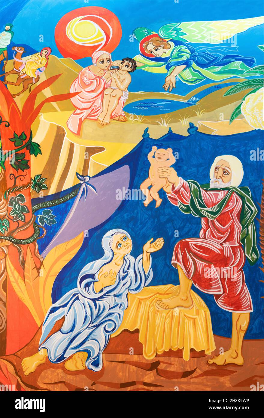 Frolí - la fresque moderne Nativité d'Isaac et Hagar et Ismael dans le désert dans l'église Chiesa di San Giuseppe Artiginano. Banque D'Images