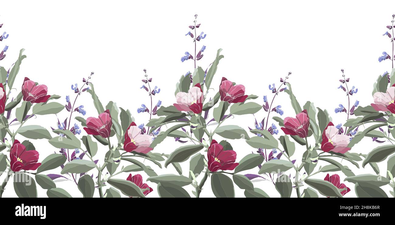 Motif fleuri vectoriel sans couture, bordure.Feuillage vert, sauge pourpre, fleurs roses et bordeaux. Illustration de Vecteur