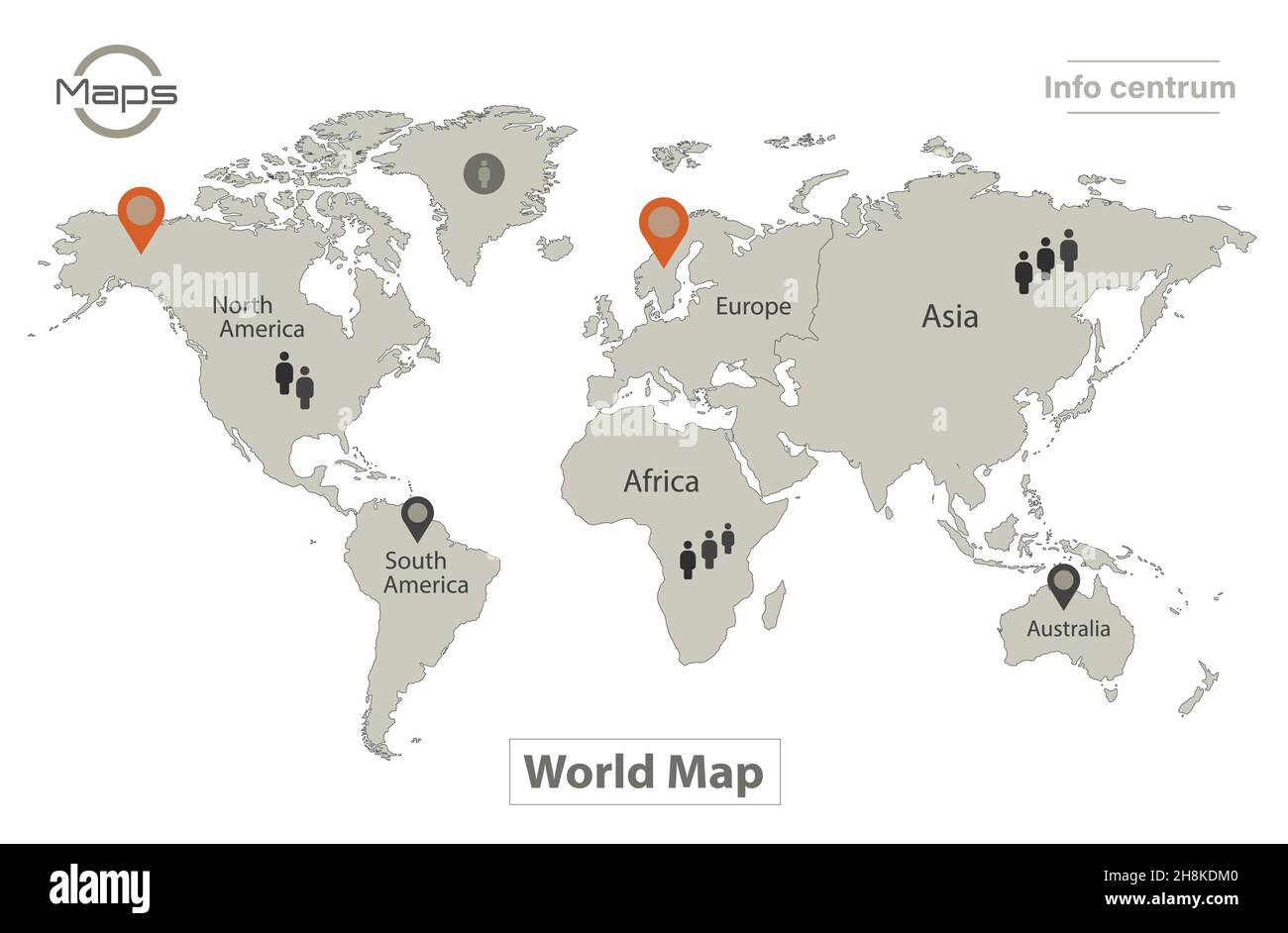 Carte du monde, continents individuels, Infographics et vecteur d'icônes Illustration de Vecteur