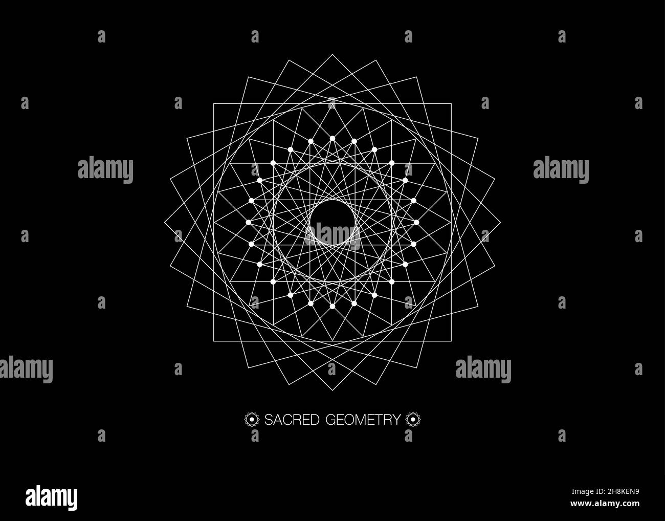 Cercle mandala, géométrie sacrée, cadre rond signe géométrique logo design avec entrelacement de formes carrées et triangulaires, ligne noire dessin mystique Illustration de Vecteur