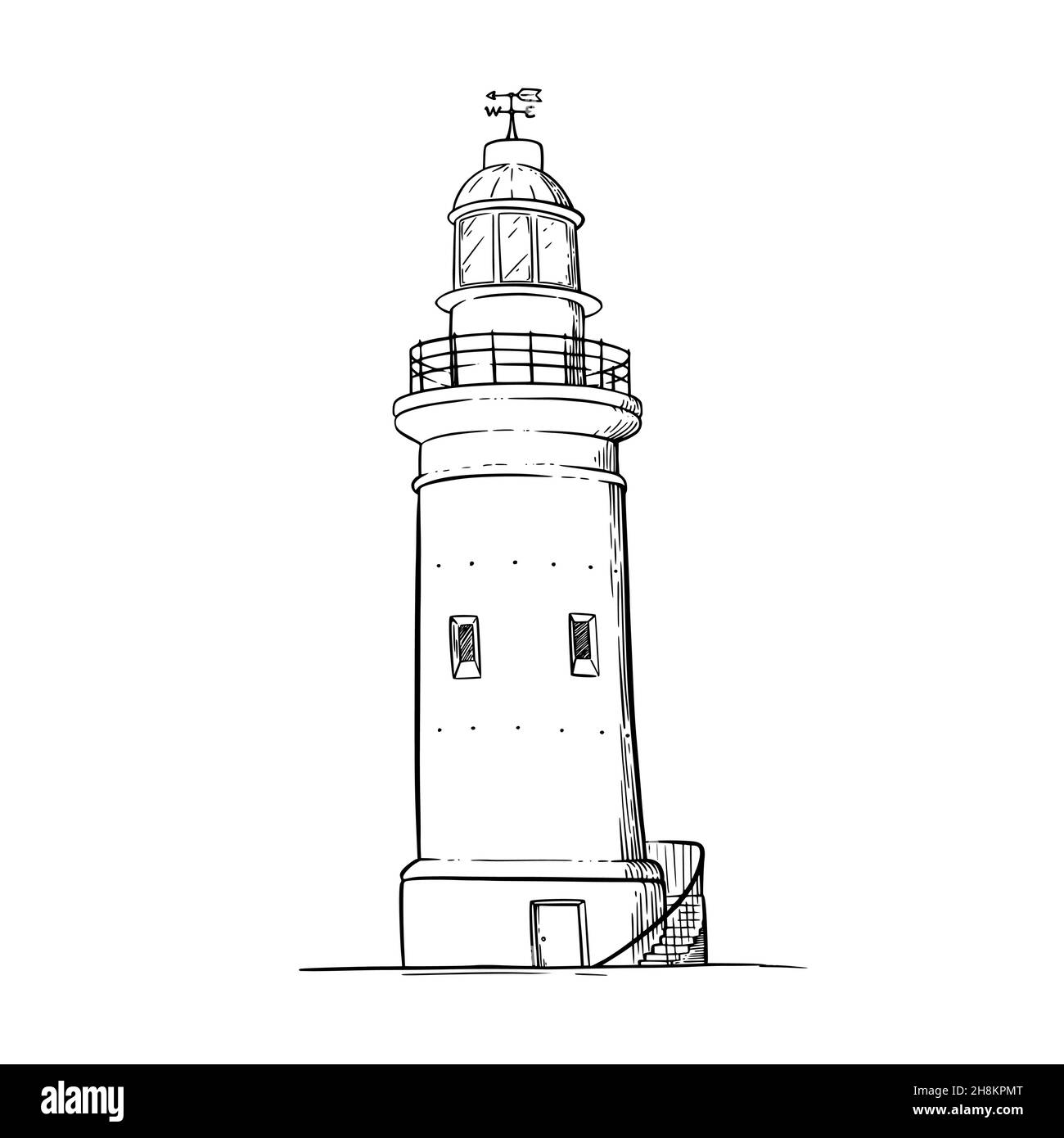 Croquis du phare.Gyrophare avec faisceau lumineux.Illustration vectorielle isolée sur fond blanc Illustration de Vecteur