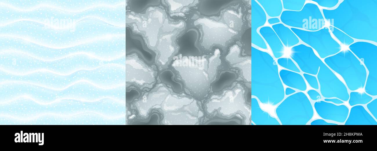 Textures d'eau, de neige et de neige fondue pour le fond du jeu.Dessin animé vectoriel motifs sans couture de la vue du dessus de la mer, de l'océan ou de la surface du lac, de la neige fondue et de la glace liquide sale Illustration de Vecteur