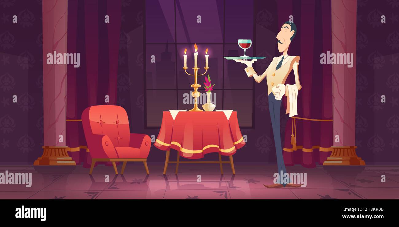 Serveur au restaurant, un serviteur bien formé porte un uniforme avec des lunettes de vin sur le plateau et porte-serviette suspendu à la table avec nappe rouge, lustre et fleurs, illustration vectorielle de dessin animé Illustration de Vecteur