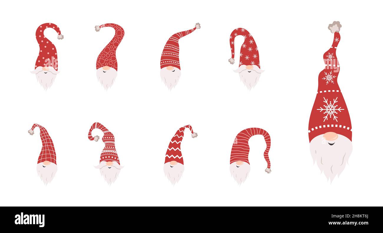 Jolis visages de gnomes dans des chapeaux de père noël sur fond blanc.Eloves de noël scandinaves.Illustration vectorielle de style dessin animé plat.Style Nordic Element Illustration de Vecteur