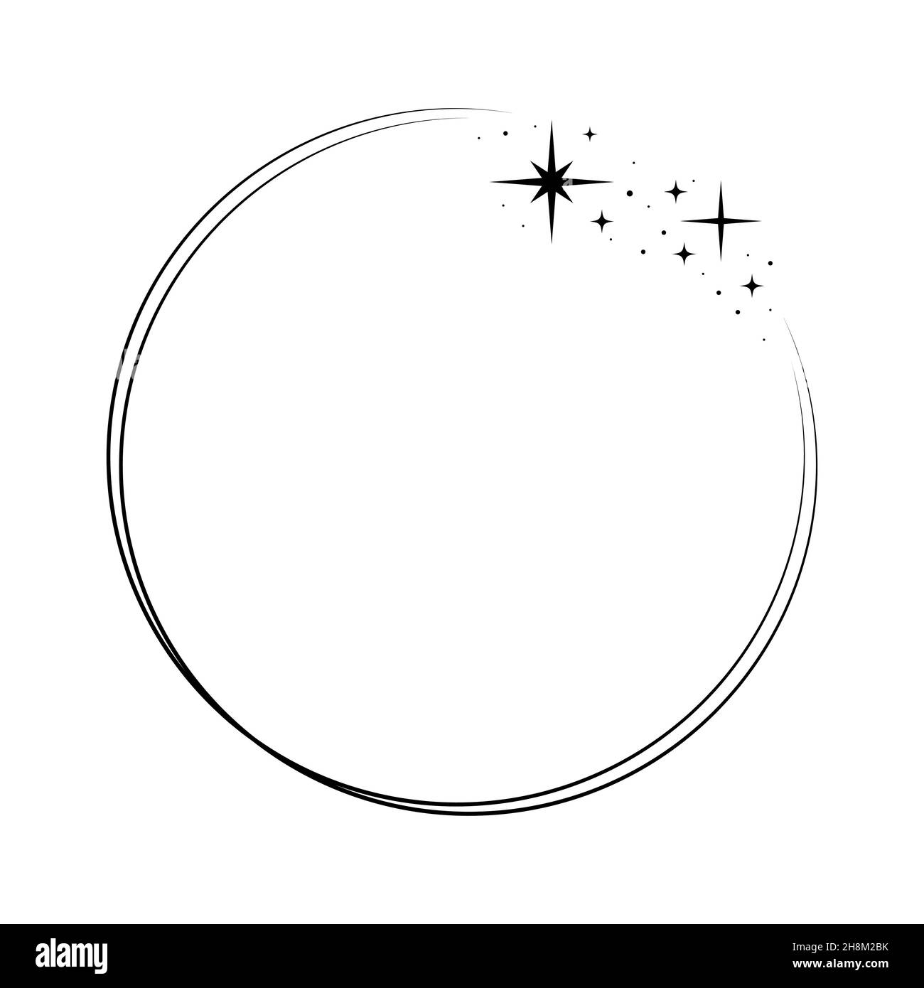 Cadre en forme de cercle en étoile étincelante.Couronne ronde bordure stardust pour fête, décoration d'anniversaire.Cadre Laurel avec éclat cosmique scintillant.Illustration noire isolée à vecteur plat. Illustration de Vecteur