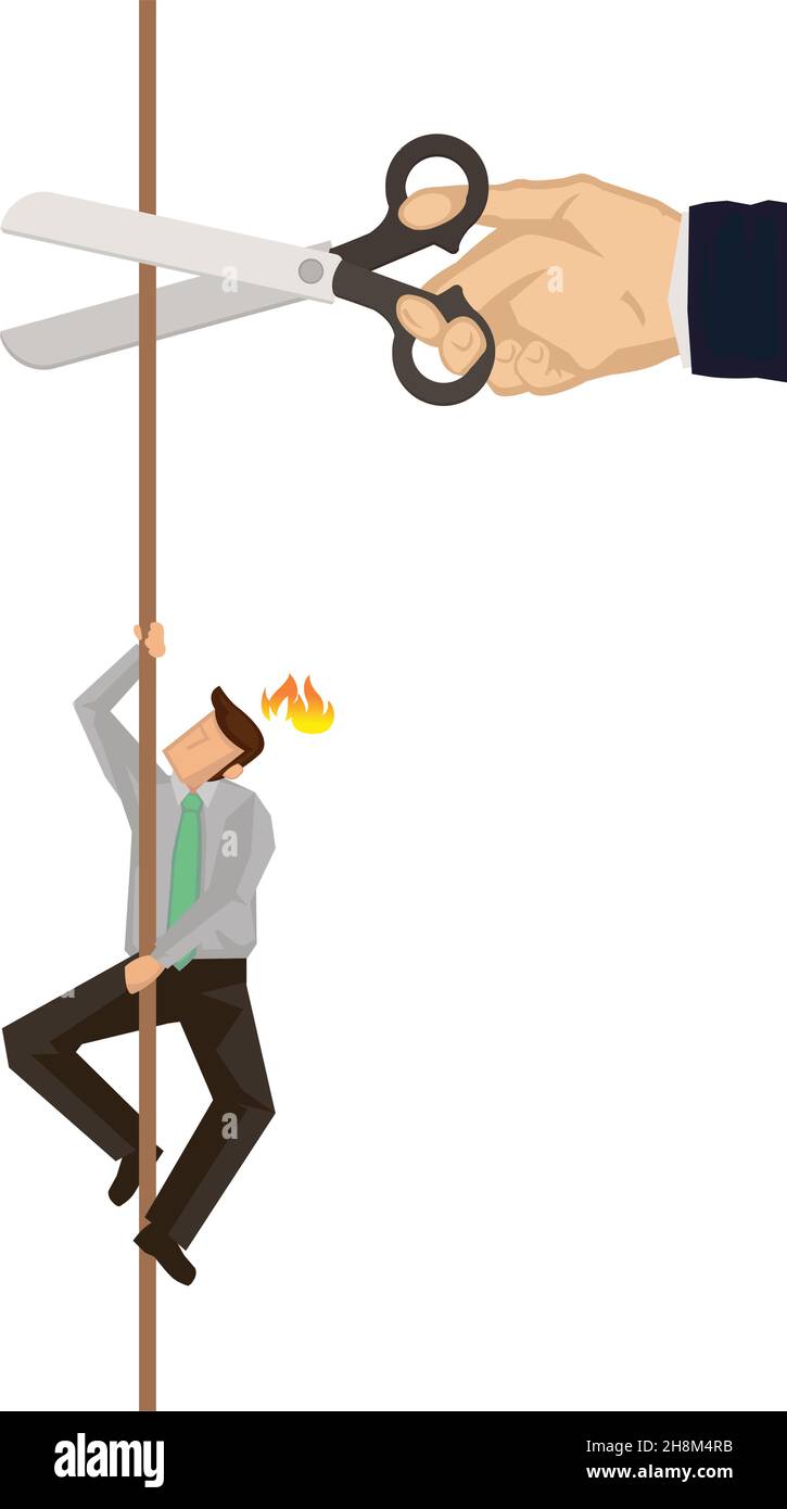 Homme d'affaires grimpant sur la corde tandis qu'une main géante avec des ciseaux coupant la corde.Concept de sabotage.Illustration du vecteur de concept métier. Illustration de Vecteur