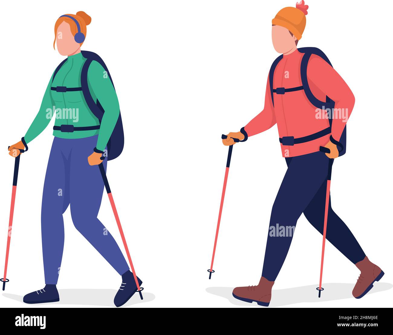 Adultes randonnée en hiver semi-plat couleur vecteur jeu de caractères Illustration de Vecteur