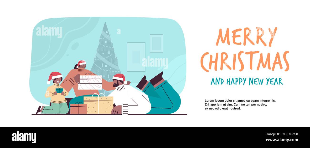 famille afro-américaine en chapeaux de santa tenant des cadeaux nouvel an noël célébration concept lettering carte de voeux Illustration de Vecteur