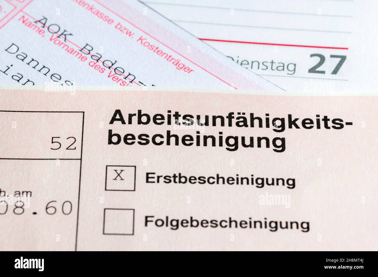 Certificat d'incapacité de travail, certificat initial, certificat de suivi Banque D'Images