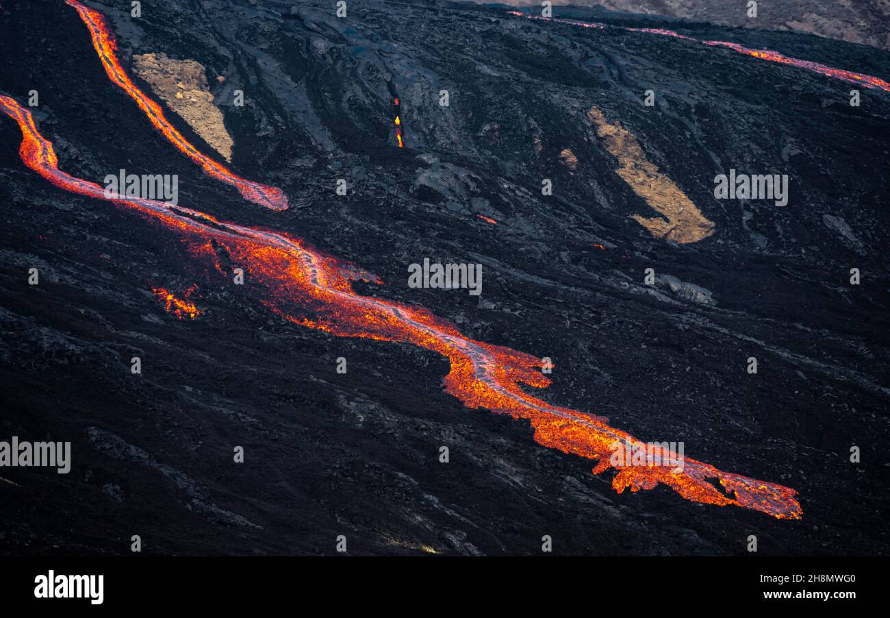 Champ de lave, coulées de lave et de lave, Fagralsfjall, système volcanique de Krysuvik, péninsule de Reykjanes, Islande Banque D'Images