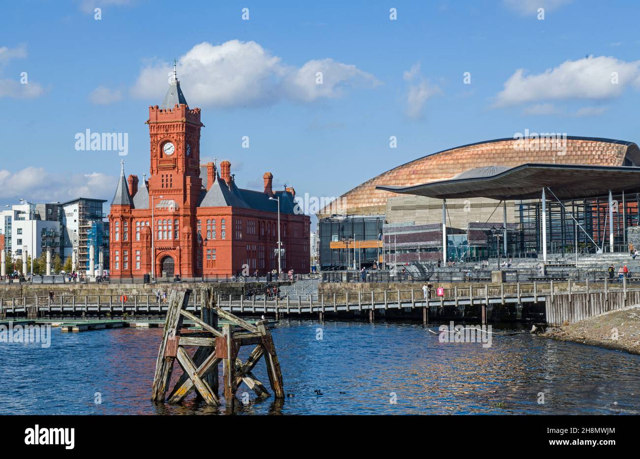 Vue sur le front de mer de la baie de Cardiff avec le bâtiment Senedd, le Wales Millenium Centre et le bâtiment Pierhead Banque D'Images