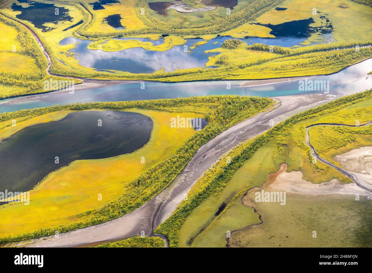 Gros plan du delta de la rivière Rapalien, de la rivière Rapaaaelv, du parc national de Sarek, de Laponia, de Laponie,Suède Banque D'Images