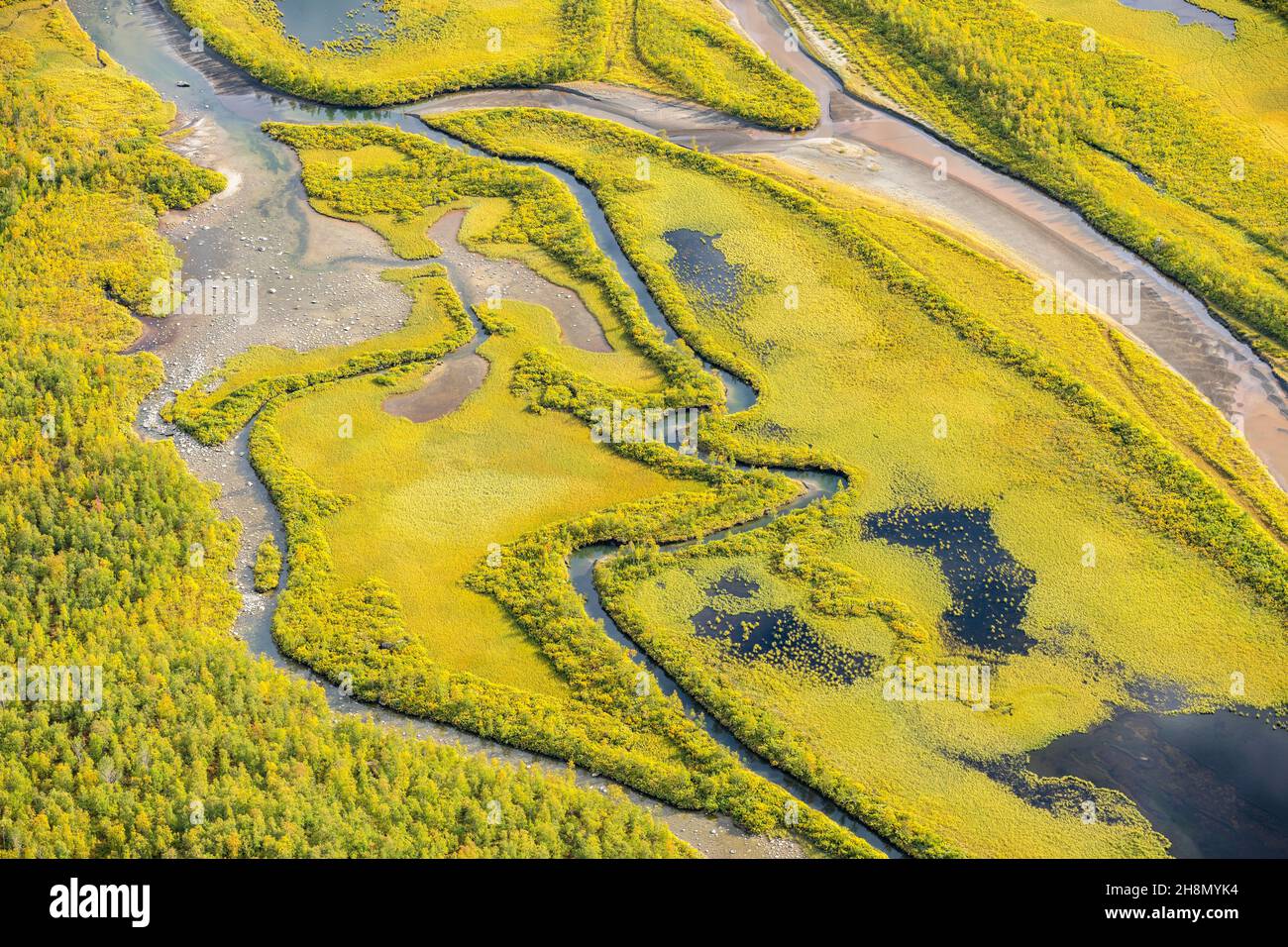 Gros plan du delta de la rivière Rapalien, de la rivière Rapaaaelv, du parc national de Sarek, de Laponia, de Laponie,Suède Banque D'Images