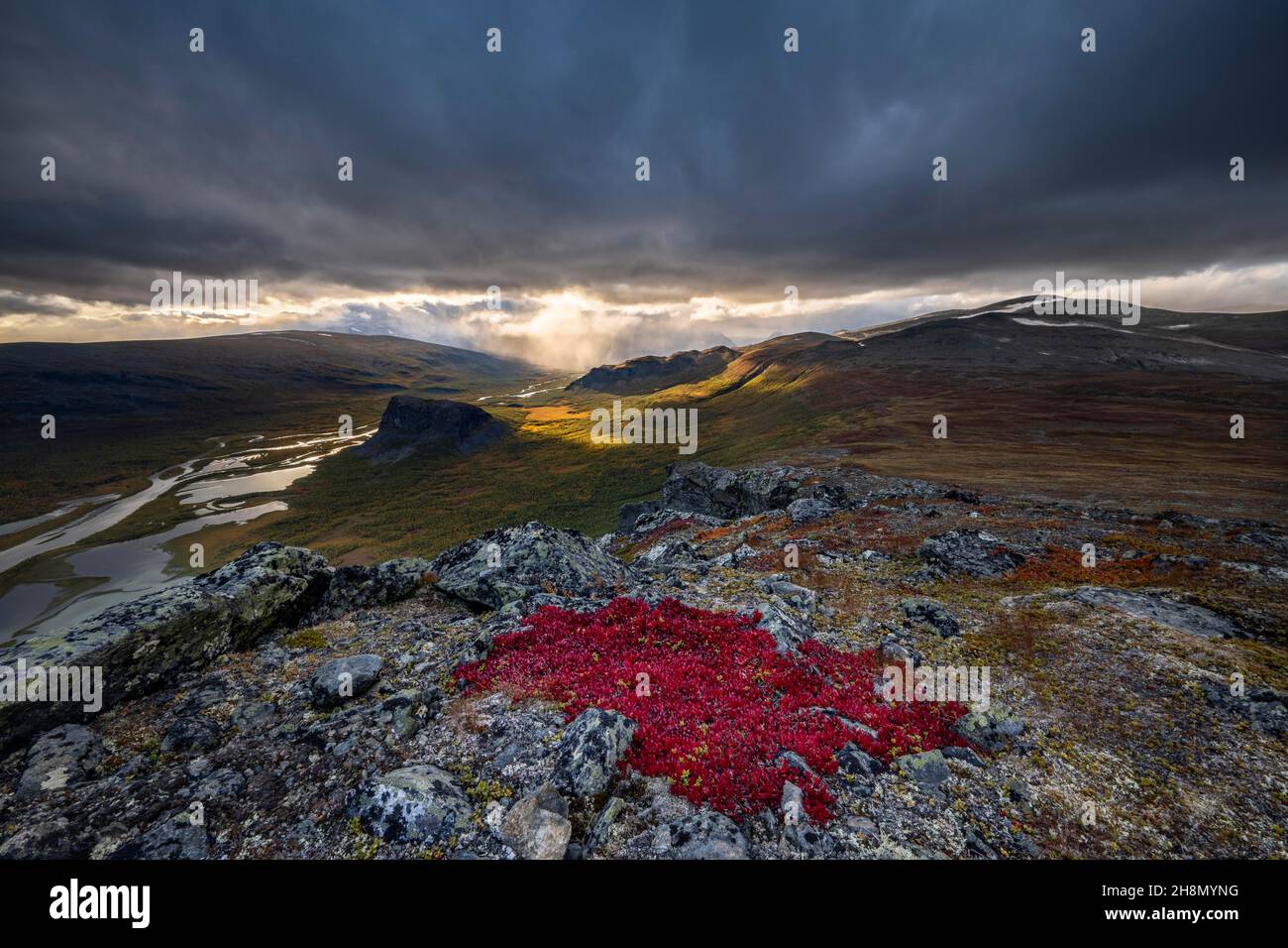 Vue de la montagne de Skierffe à la vallée de Rapalien et à la montagne de Nammatj, rivière Rapaaelv, parc national de Sarek, Laponia, Laponie,Suède Banque D'Images