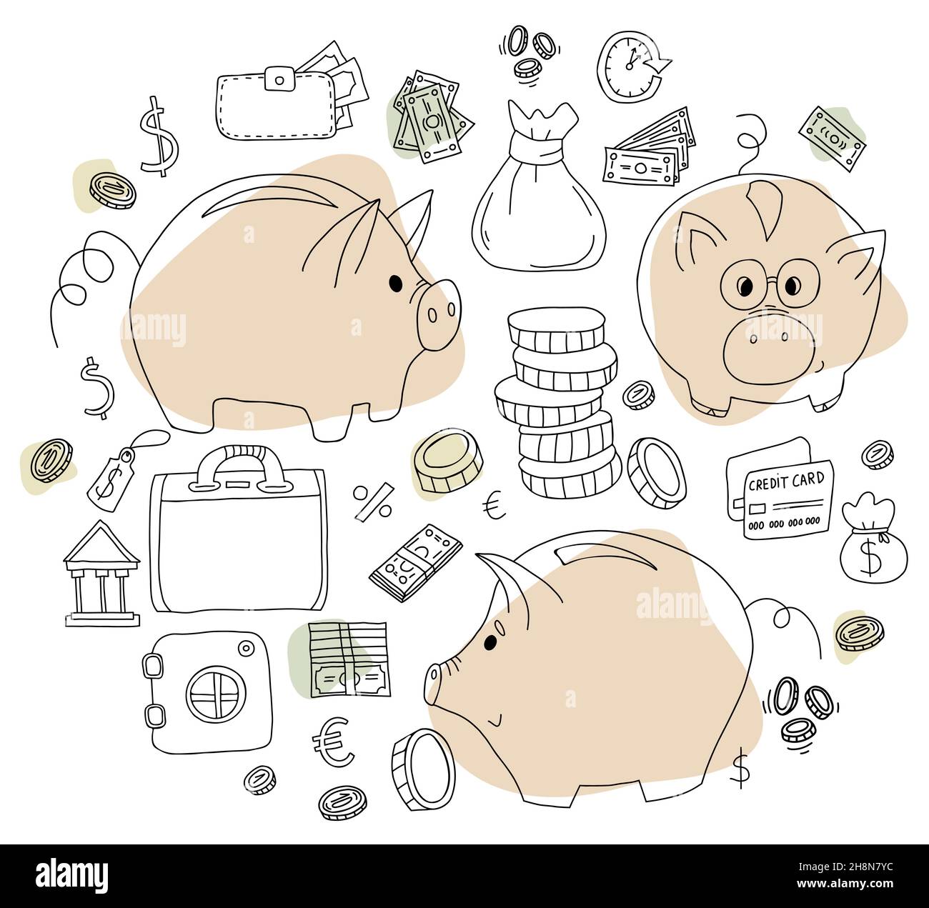 Jeu d'illustrations vectorielles en forme de boodle à la main.Banque et argent de porc mignon, espèces et pièces, coffre-fort et banque, cartes, portefeuille,cartes bancaires et banques Illustration de Vecteur