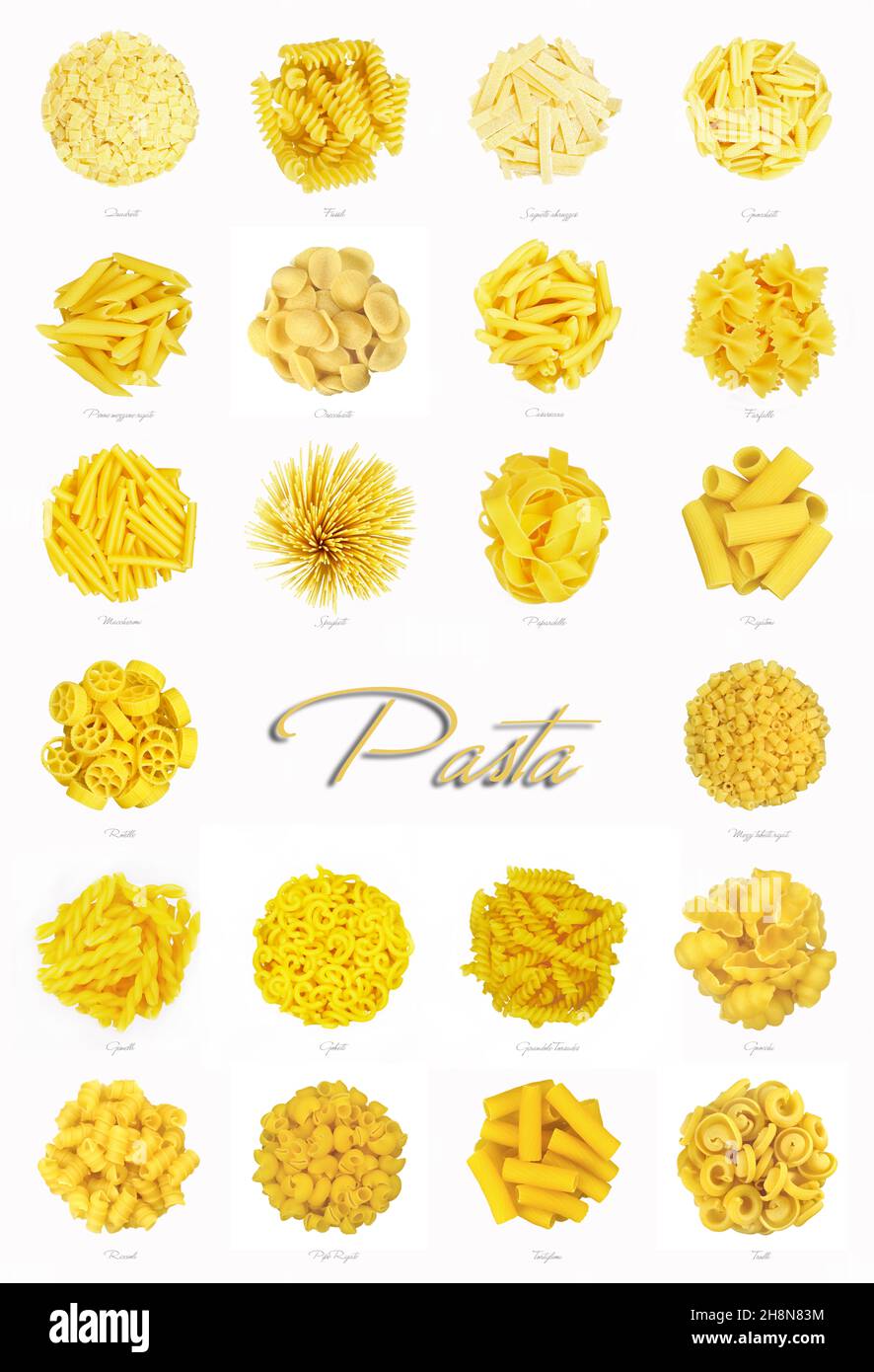 Ensemble de différents types de pâtes isolées sur fond blanc Photo ...
