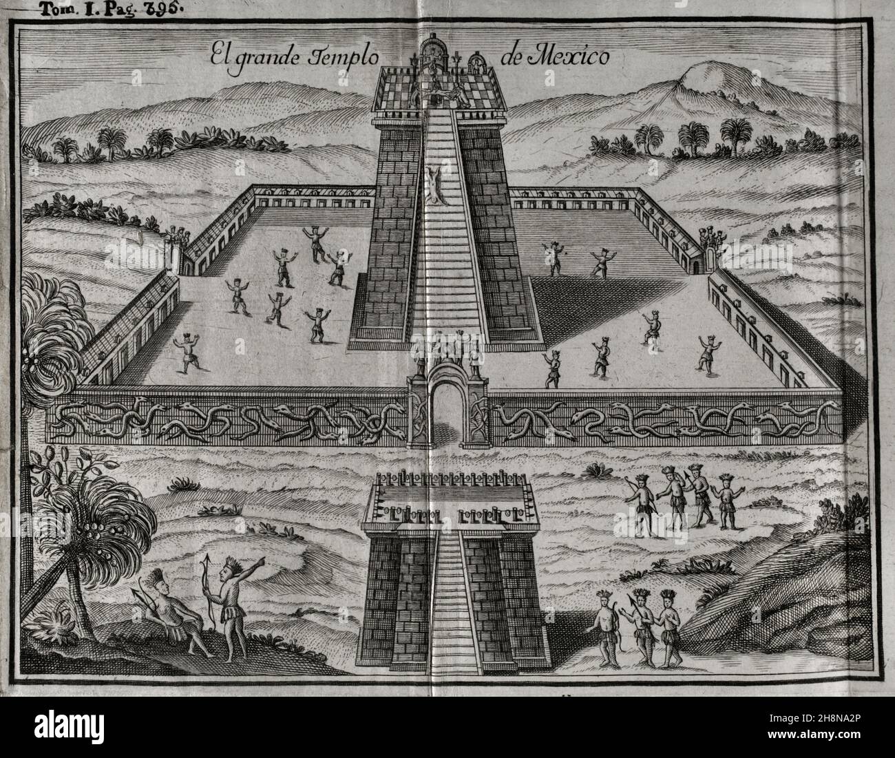 Le Grand Temple Aztec à Tenochtitlan.Dédié au dieu de la guerre.Construit dans une grande place, avec un mur en ashlar, sculpté à l'extérieur avec différentes boucles de serpents enchaînés.Gravure.'Historia de la Conquista de México, población, y progresos de la América septentrional, conocida por el nombre de Nueva España' (Histoire de la conquête du Mexique, population, et progrès de l'Amérique du Nord, connu sous le nom de Nouvelle Espagne).Ecrit par Antonio de Solís y Rivadeneryra (1610-1686), chroniqueur des Indes.Volume I. Edition publié à Barcelone et divisé en deux volumes, 1771.le pr du roi Banque D'Images