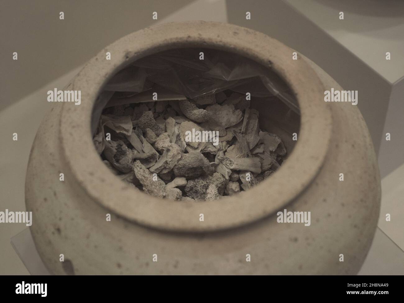 Début de la période romaine.Détail d'une urne funéraire avec des restes humains crématisés d'un tombeau punique trouvé à Ta'Daxa, Ghasri, île de Gozo, Malte.Musée d'archéologie Gozo de Colombie-Britannique du 2e au 1er siècle.Cittadella de Victoria à Gozo, Malte. Banque D'Images