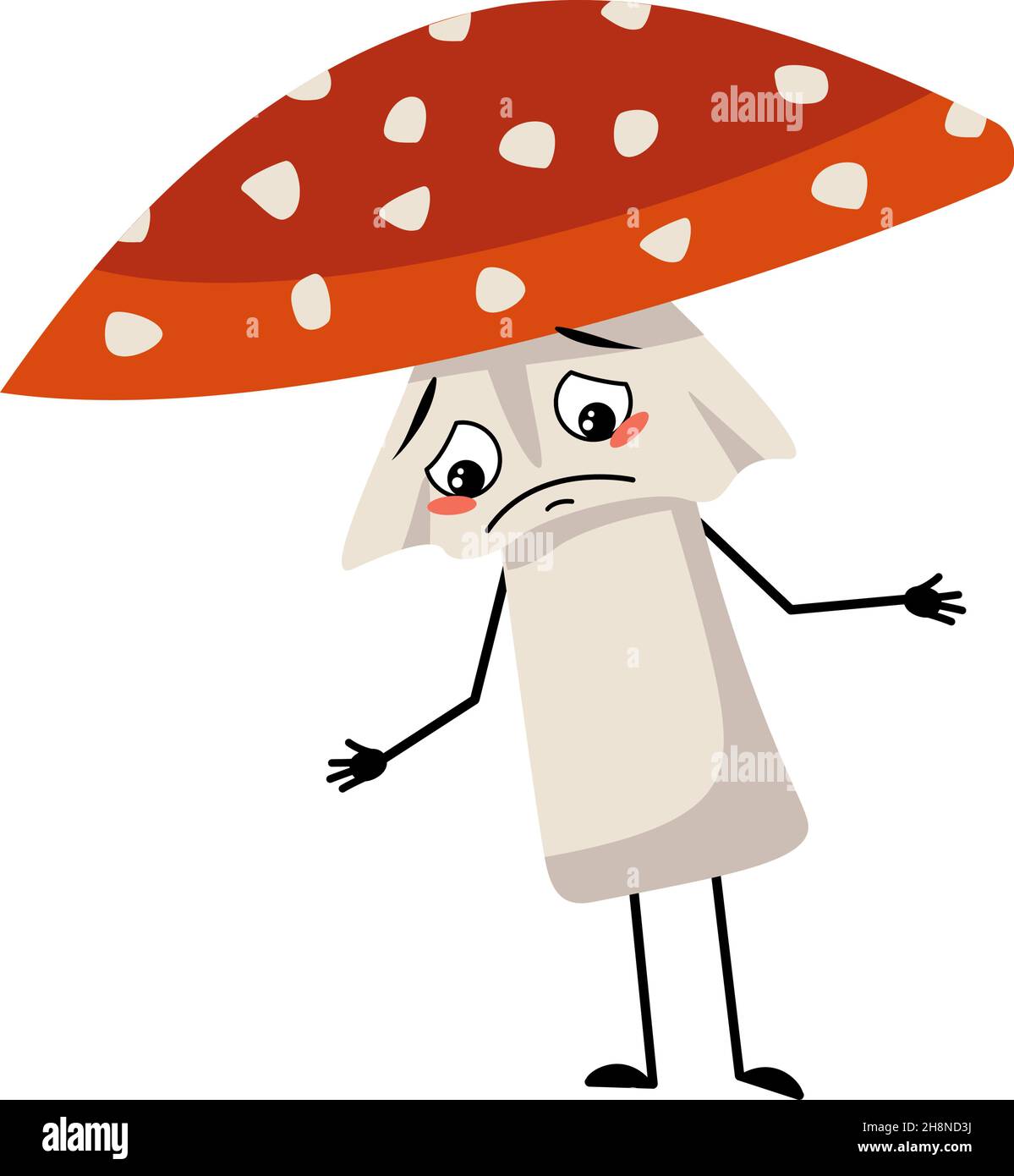 Adorable personnage amanita avec des pleurs et des larmes, une émotion, un visage triste, des yeux dépressifs, des bras et des jambes.Mouche agarique Mushroom de la forêt avec l'expression mélancolique Illustration de Vecteur