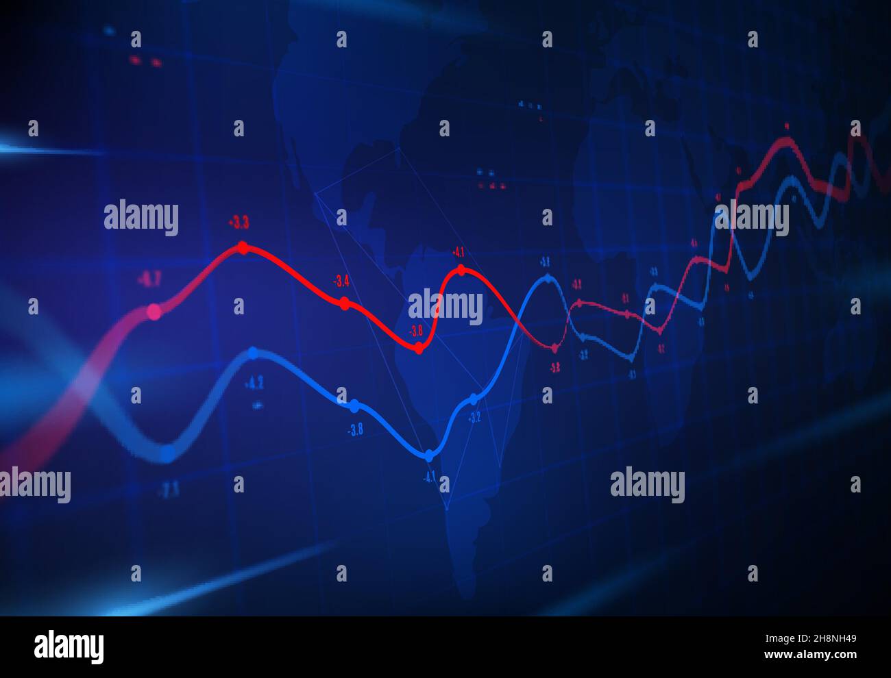Graphique d'analyse des données financières.Prévisions commerciales, graphiques sur la carte du monde.Infographies vectorielles avec la valeur des actions, marchés indexe les fluctuations.ECO mondial Illustration de Vecteur