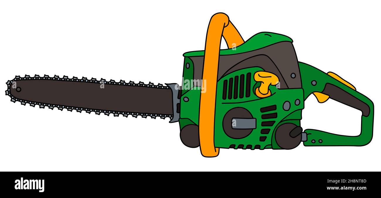 Dessin à la main d'une tronçonneuse noire et verte Banque D'Images