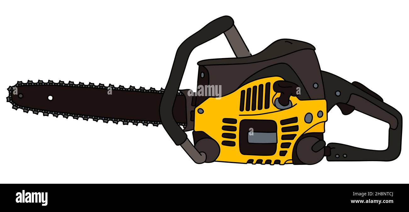Dessin à la main d'une tronçonneuse noire et jaune Banque D'Images