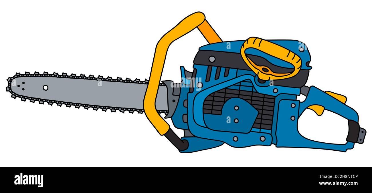 Dessin à la main d'une tronçonneuse bleue et jaune Banque D'Images