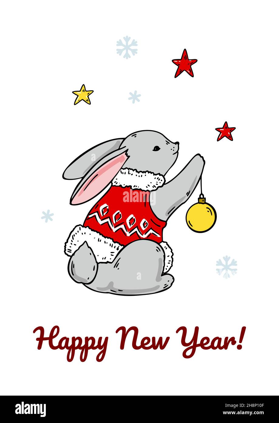 Vertical Joyeux Noël et bonne année carte de voeux avec un joli lapin.Illustration vectorielle dessinée à la main Illustration de Vecteur