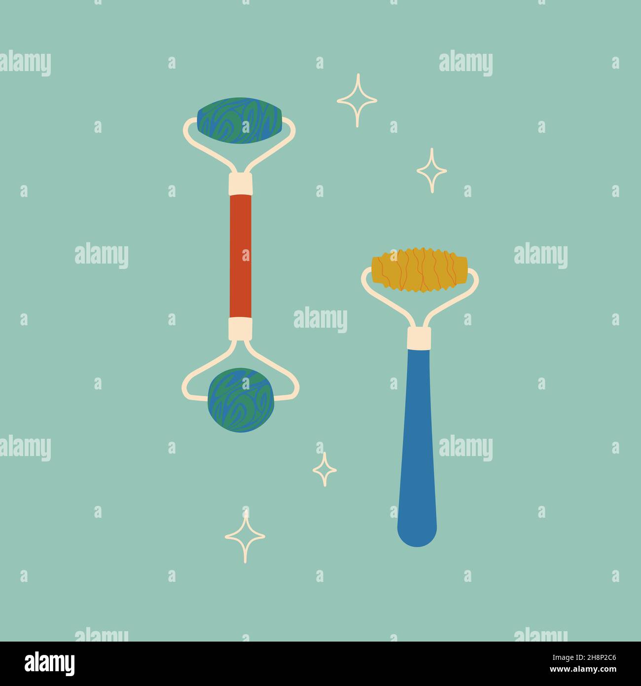 Rouleau de massage facial.Outils pour le visage auto-massants.Objets plats isolés vectoriels pour la conception. Illustration de Vecteur
