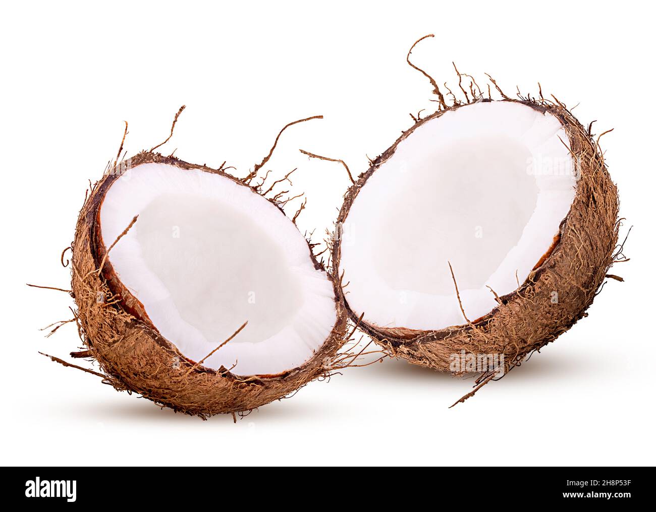 Deux noix de coco coupées en deux isolées sur fond blanc.Masque.Profondeur de champ complète. Banque D'Images