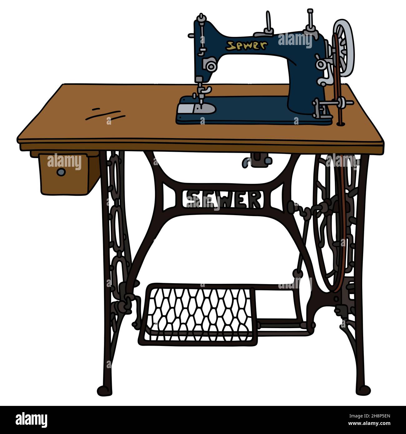 Dessin à la main d'une machine à coudre à pédales classique Banque D'Images