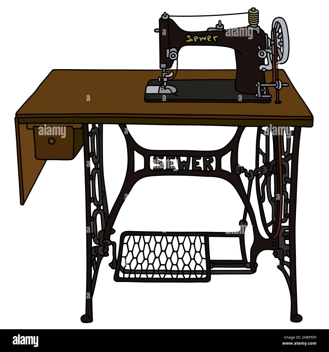 Dessin à la main d'une machine à coudre à pédale rétro Banque D'Images