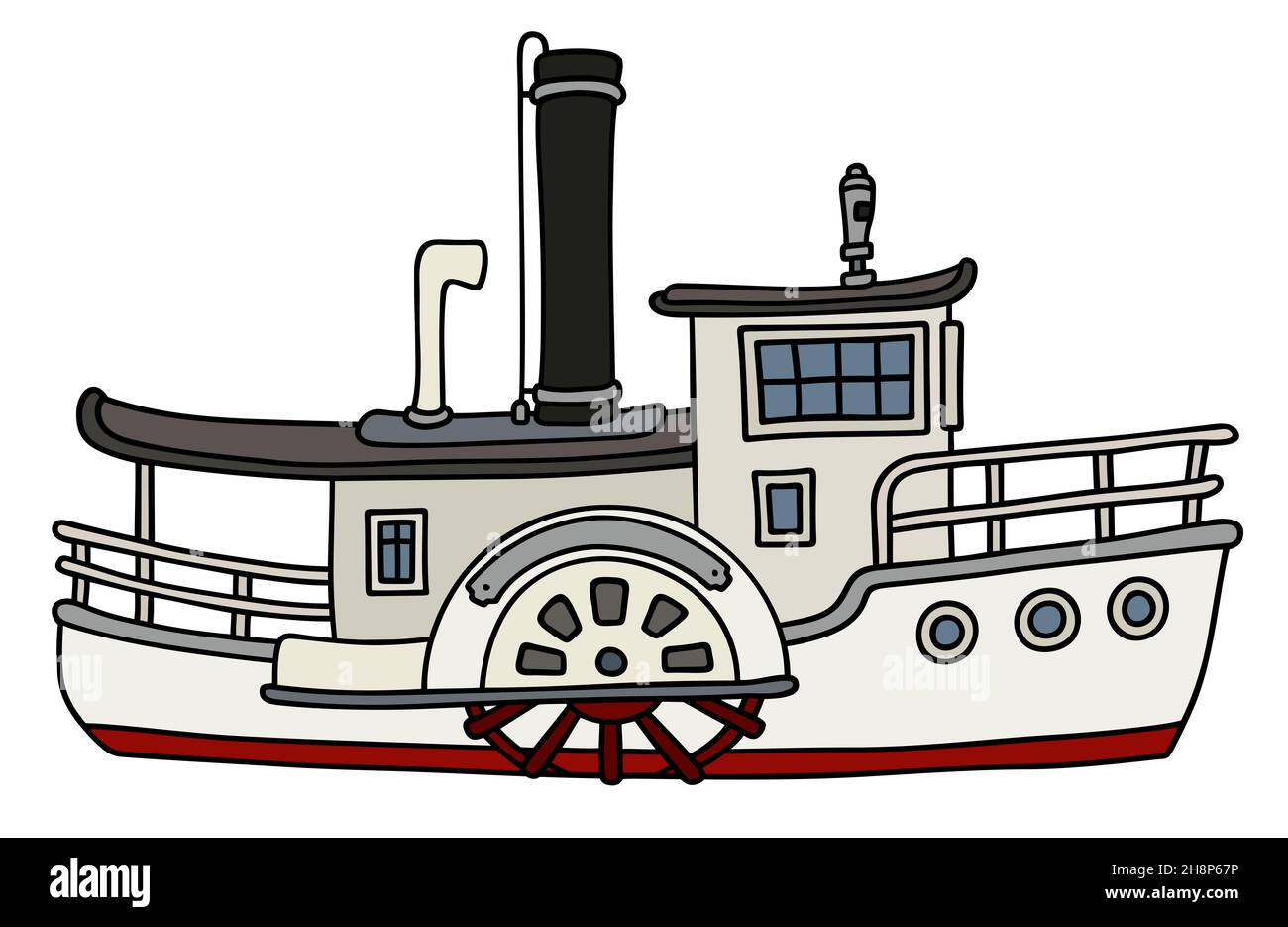 Dessin à la main d'un vieux bateau à vapeur à aubes blanc drôle Banque D'Images