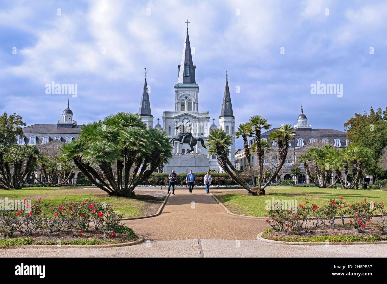 Statue équestre de Jackson et cathédrale Saint-Louis sur Jackson Square, quartier français / Vieux carré dans la ville de la Nouvelle-Orléans, Louisiane, États-Unis / Etats-Unis Banque D'Images