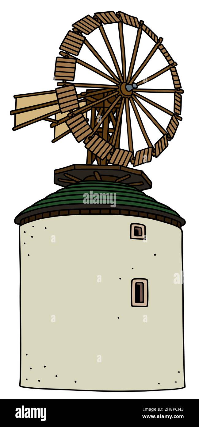 Dessin à la main d'un ancien moulin à vent en pierre blanche Banque D'Images