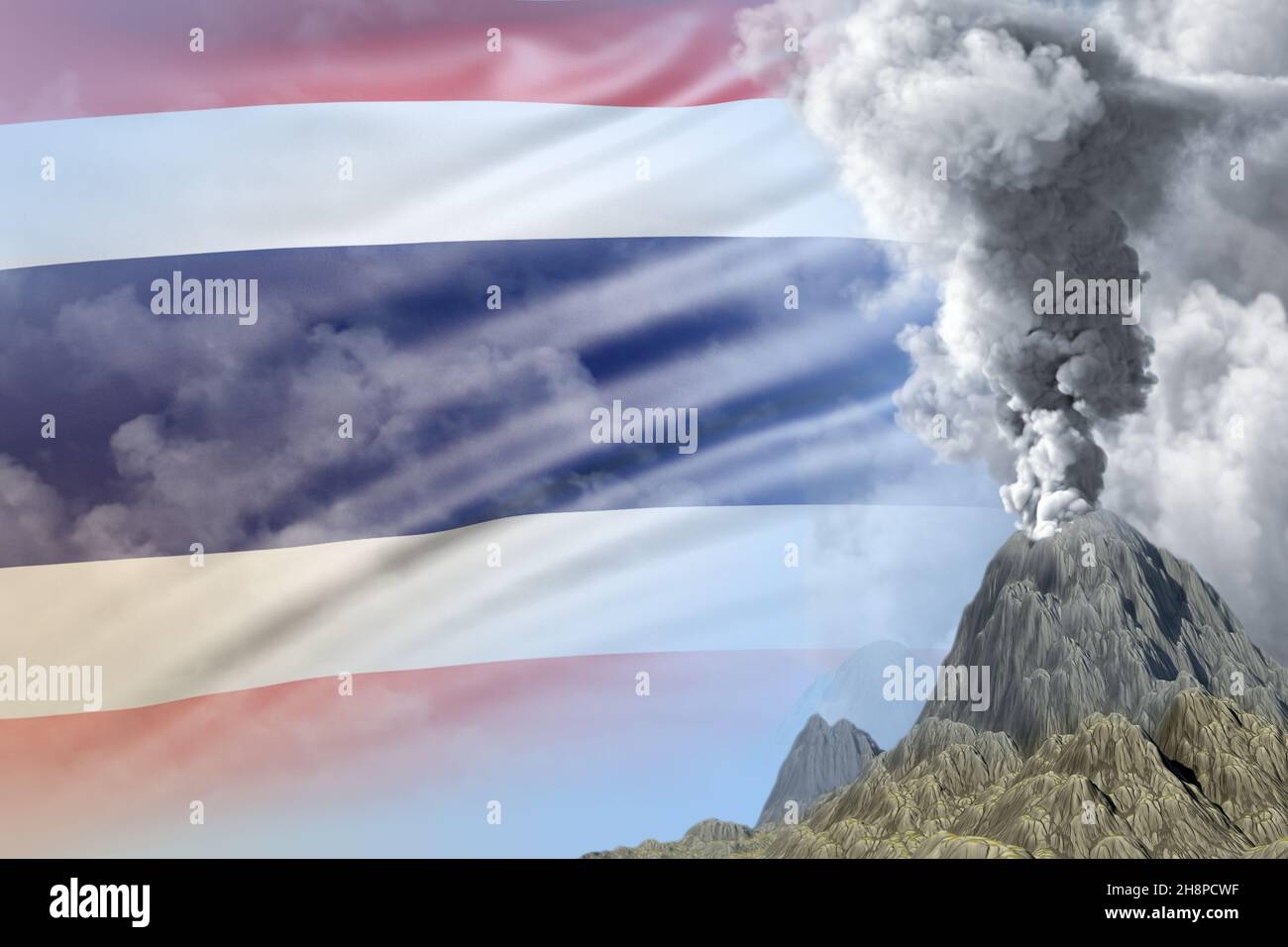 Éruption de stratovolcan à l'heure du jour avec de la fumée blanche sur fond de drapeau de Thaïlande, souffrent d'éruption et de tremblement de terre volcanique conceptuel 3D illustrati Banque D'Images