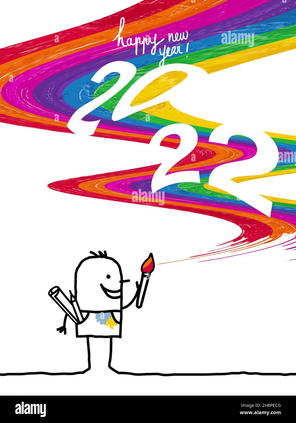 Dessin main dessin animé artiste peinture une vague colorée avec 2022 blanc signe - bonne année ! Banque D'Images
