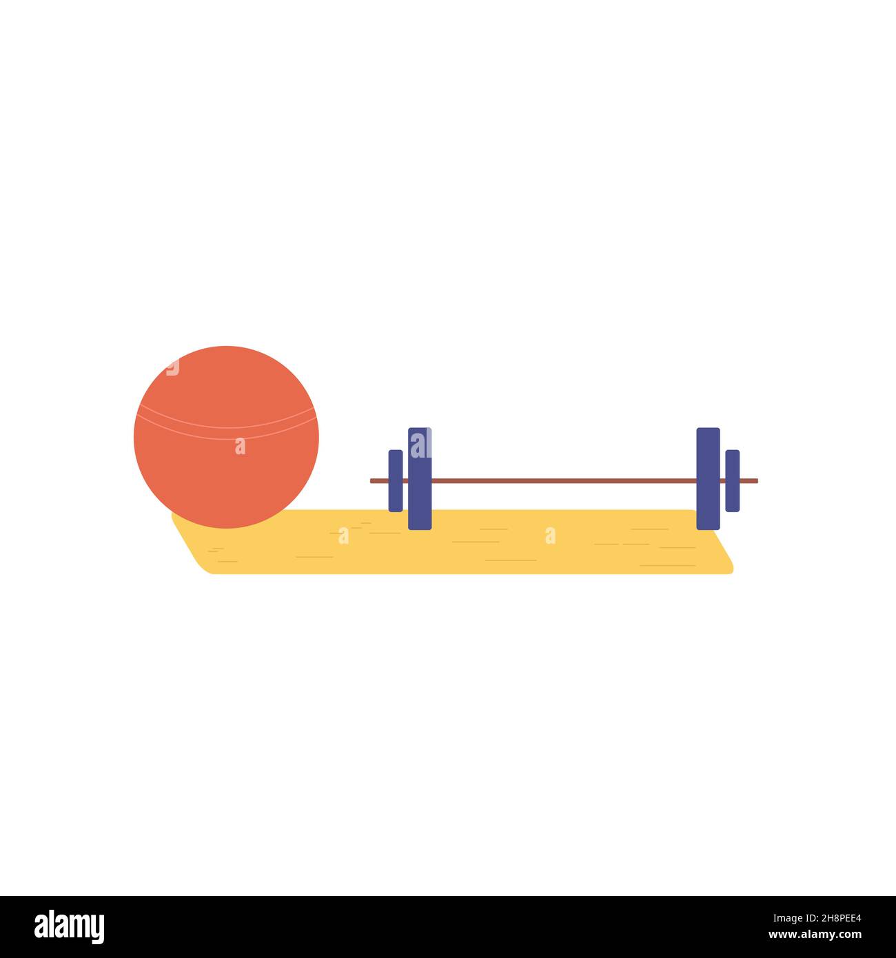 Plat dessin animé exercice boule et barbell sur le tapis de fitness, style de vie sain, sports activités vecteur illustration concept Illustration de Vecteur