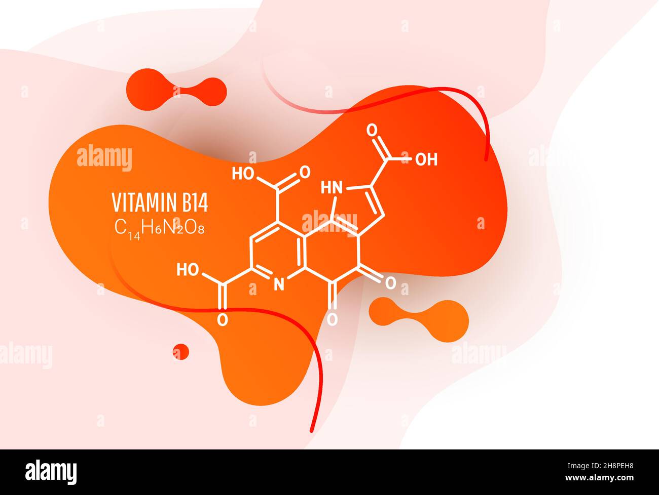 Vitamine B14 PQQ , méthoxatine C14H6N2O8 formule moléculaire avec formes liquides sur fond blanc, illustration vectorielle Illustration de Vecteur