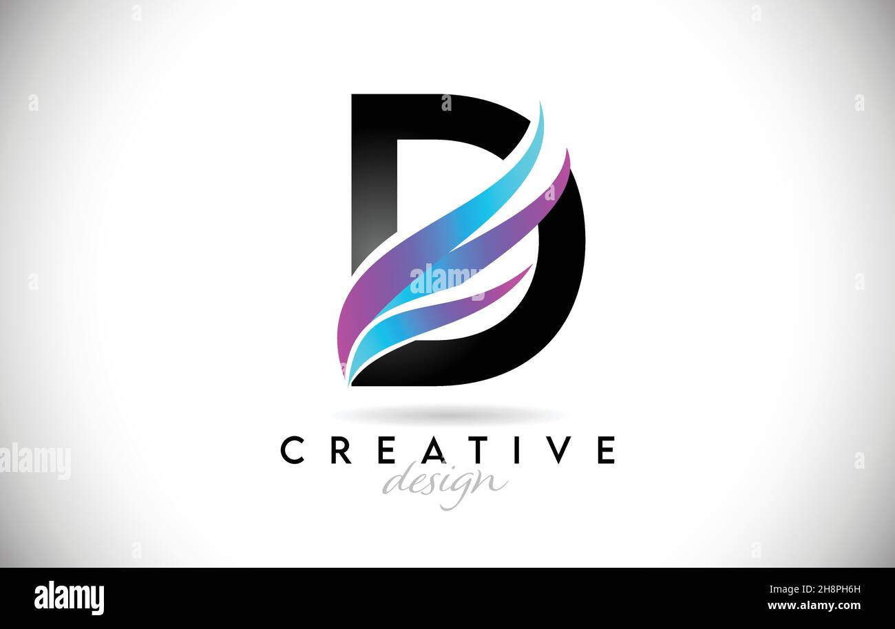 Logo lettre D avec schooshes de gradient créatifs.Design élégant et créatif lettre D avec icône vectorielle bleue et violette. Illustration de Vecteur