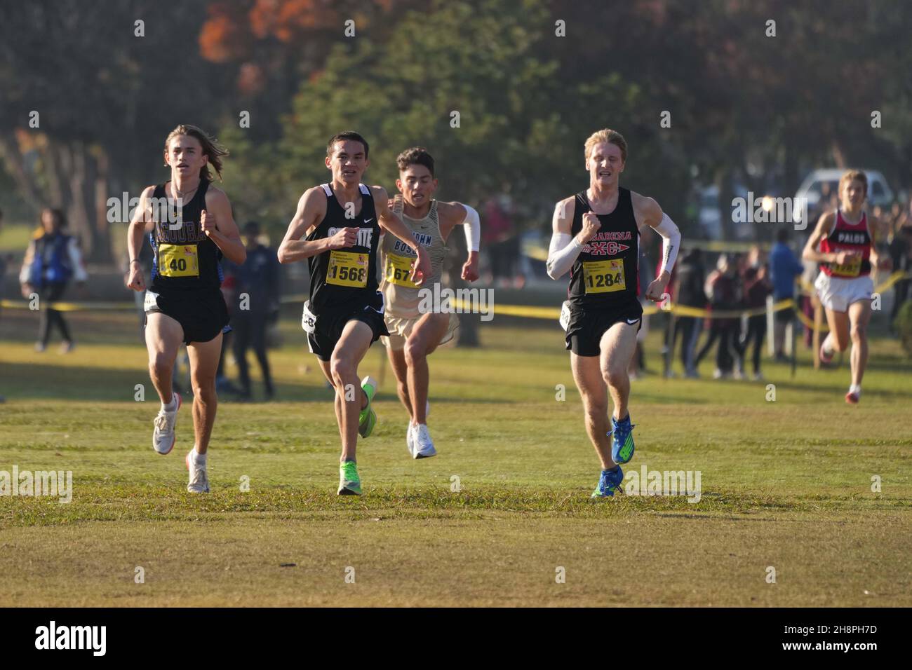 Ethan Godsey (40) d'Agoura-SS, Jared Steins (1568) de servite-SS, Christopher Chavez (1671) de John Bosco-SS et Isaiah Givens (1284) de Pasadena-SS courent dans la course garçons Divison 3 lors des Championnats d'État de cross-country CIF à Woodward Park, samedi 27 novembre 2021, à Fresno, Etalonnage Banque D'Images